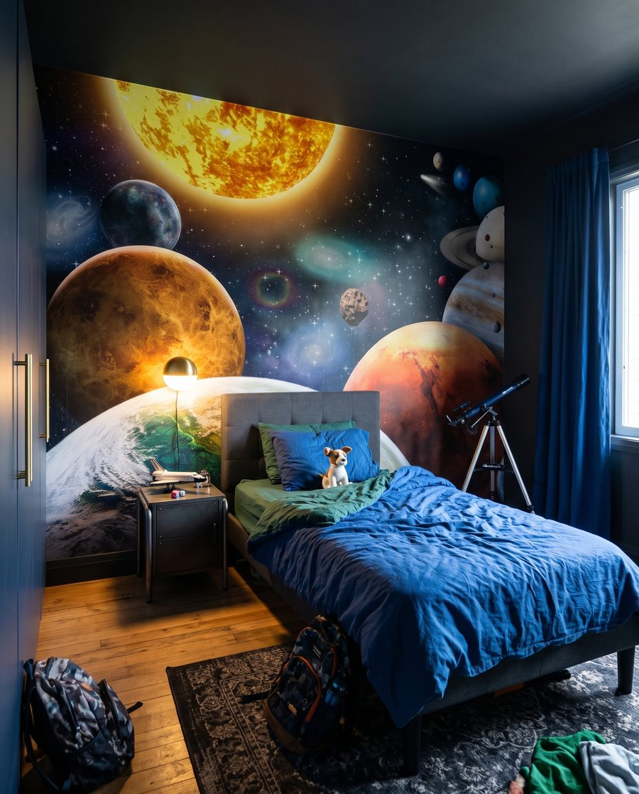 Sole e pianeti colorati in un ambiente