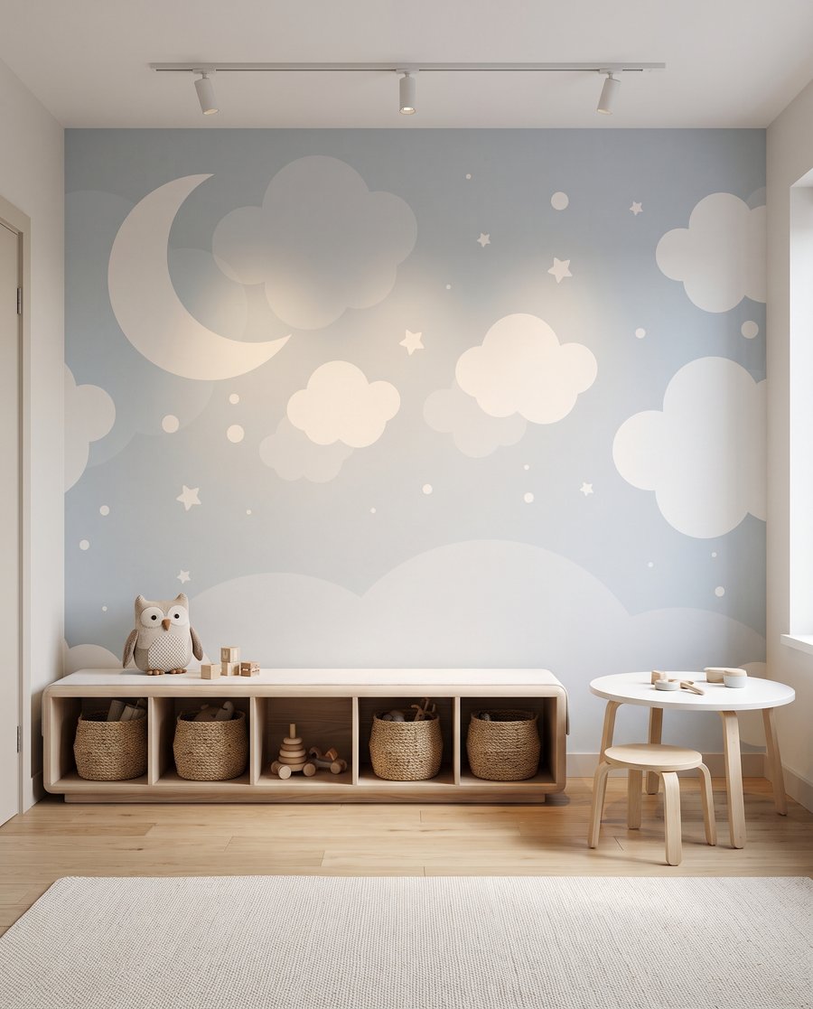 Luna tra nuvolette blu in un ambiente