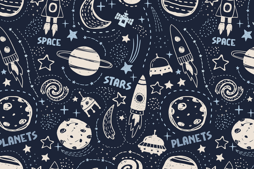 Razzi tra pianeti disegnati — design completo