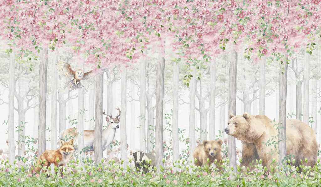 Orsi sotto fiori rosa — design completo