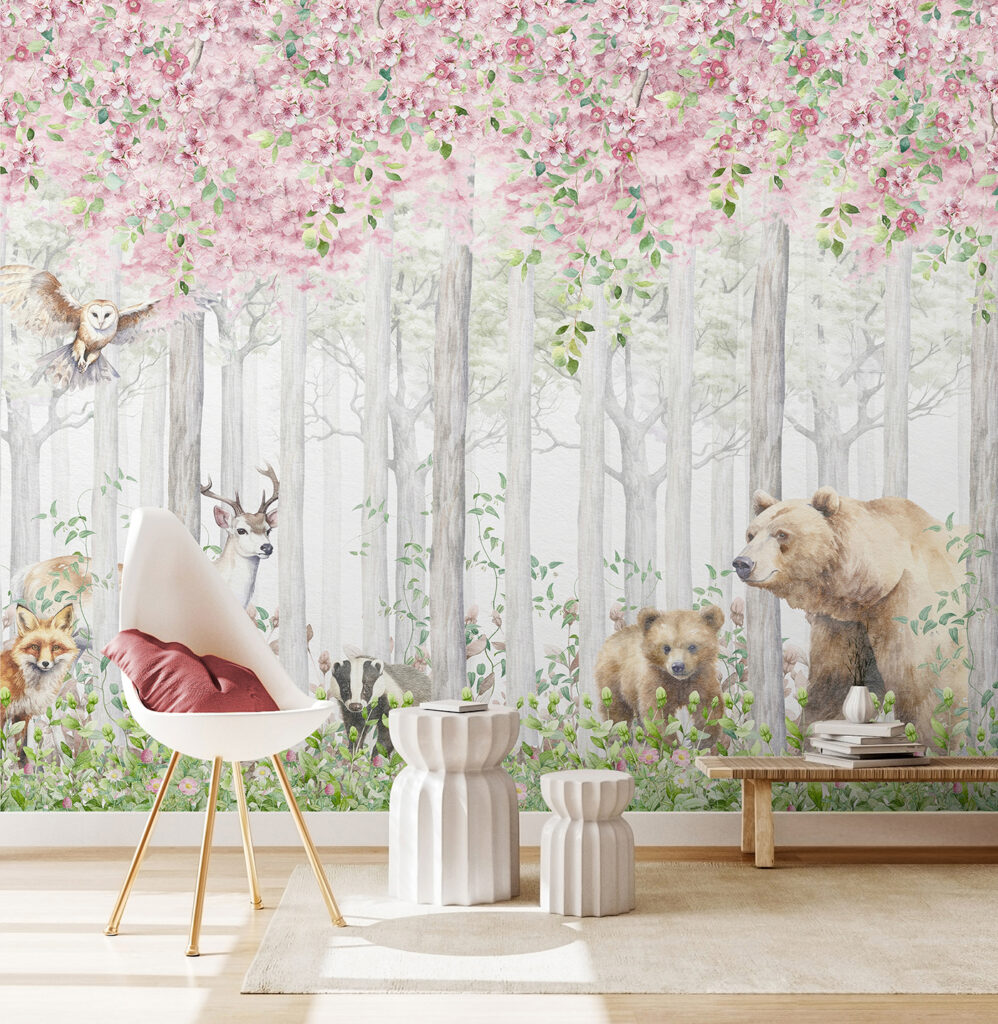 Orsi sotto fiori rosa in un ambiente