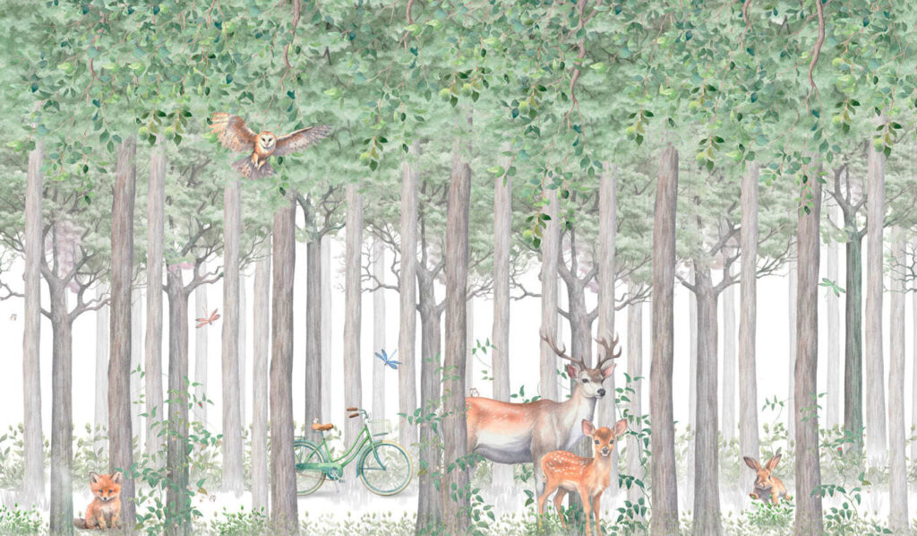 Animali nel bosco nebbioso — design completo