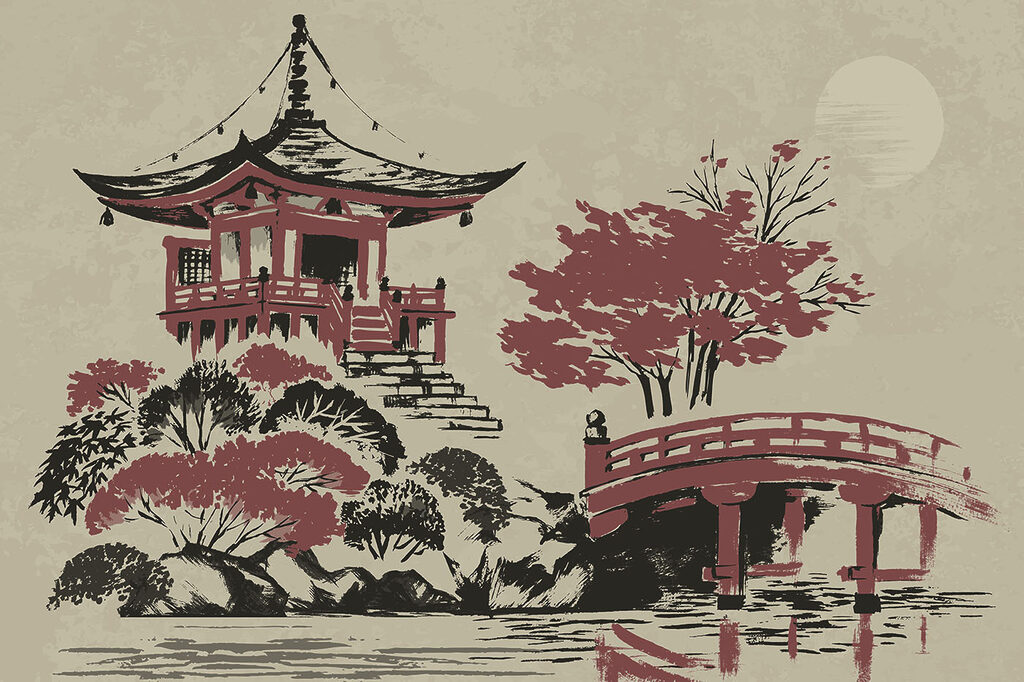 Pagoda con ponte rosso — design completo