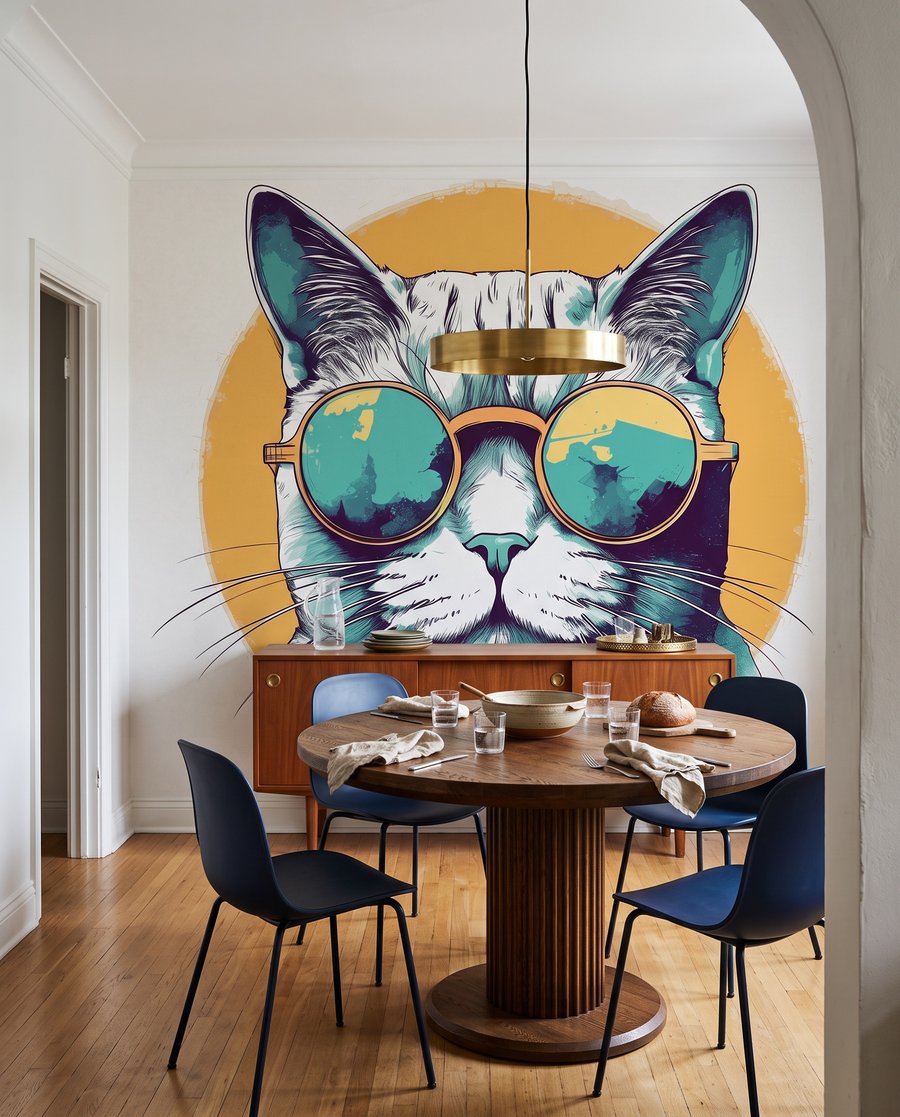 Gatto con gli occhiali in un ambiente