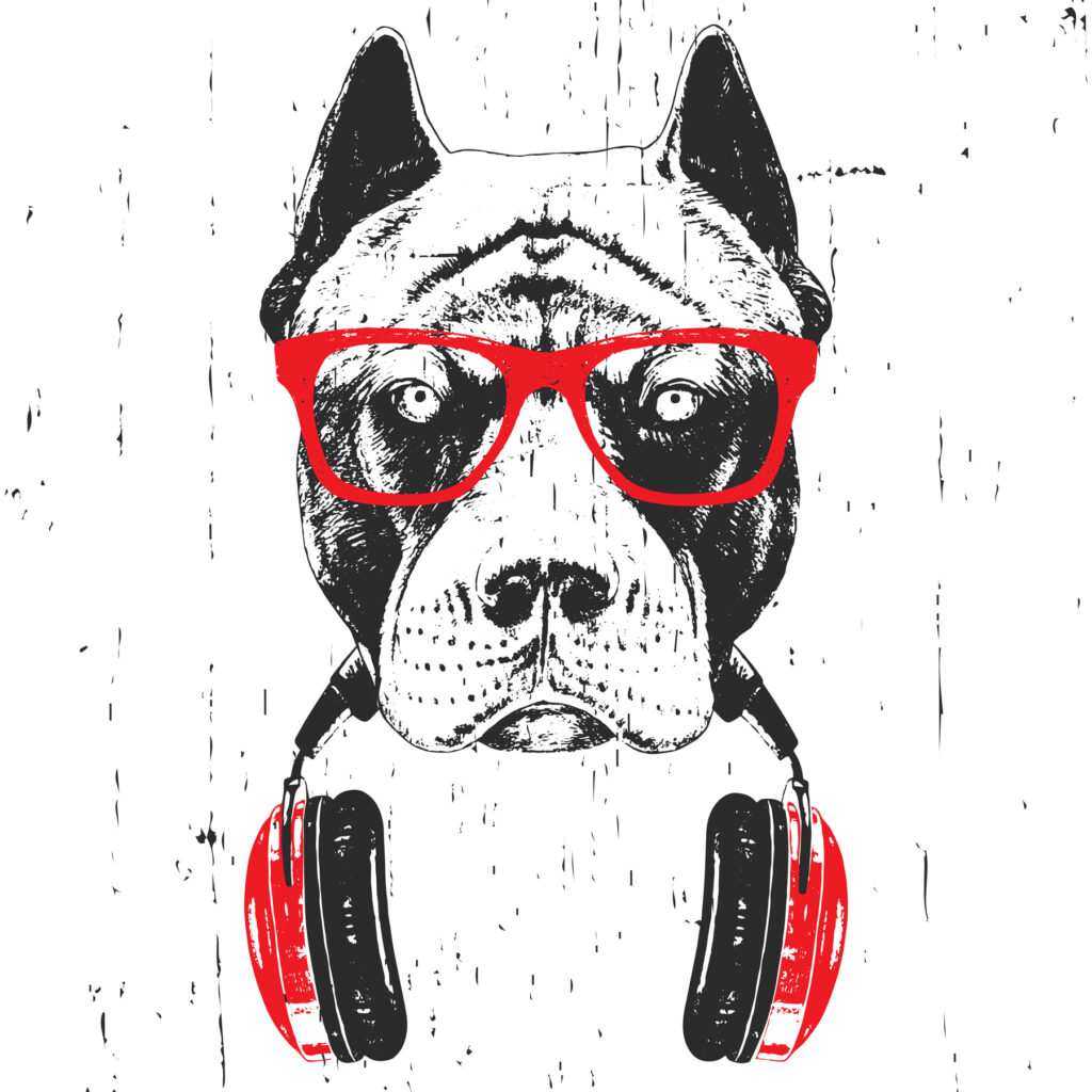 Cane con cuffie rosse — design completo