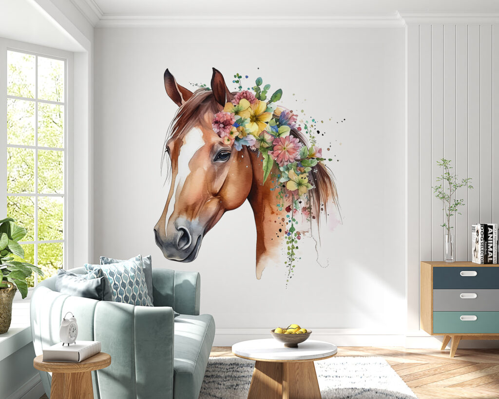 Cavallo con criniera fiorita in un ambiente