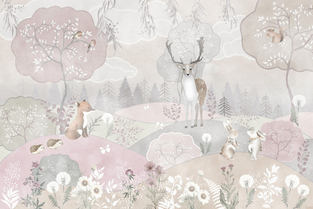 Animali tra colline rosa — design completo