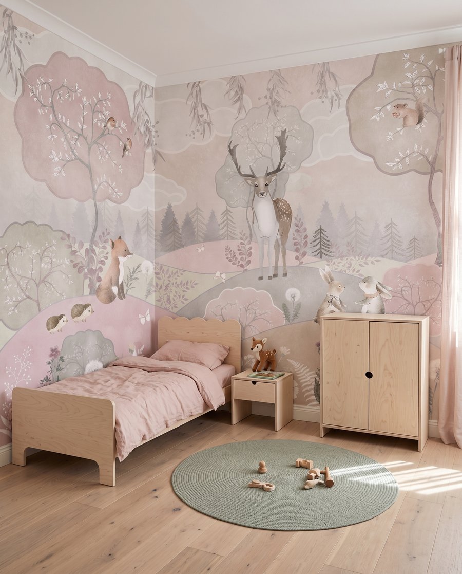 Animali tra colline rosa in un ambiente
