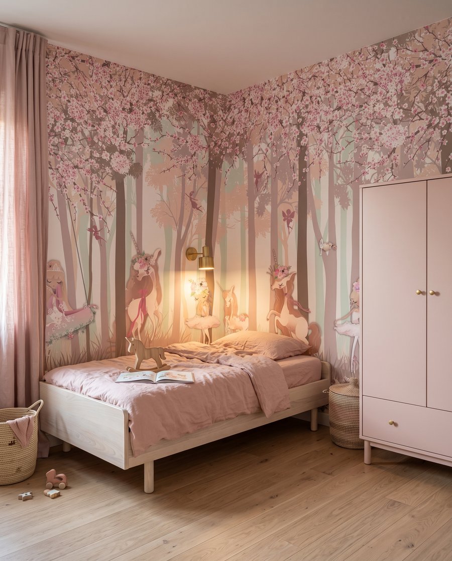 Unicorni nel bosco rosa in un ambiente