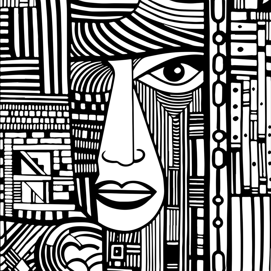 Volto tra strisce verticali — design completo