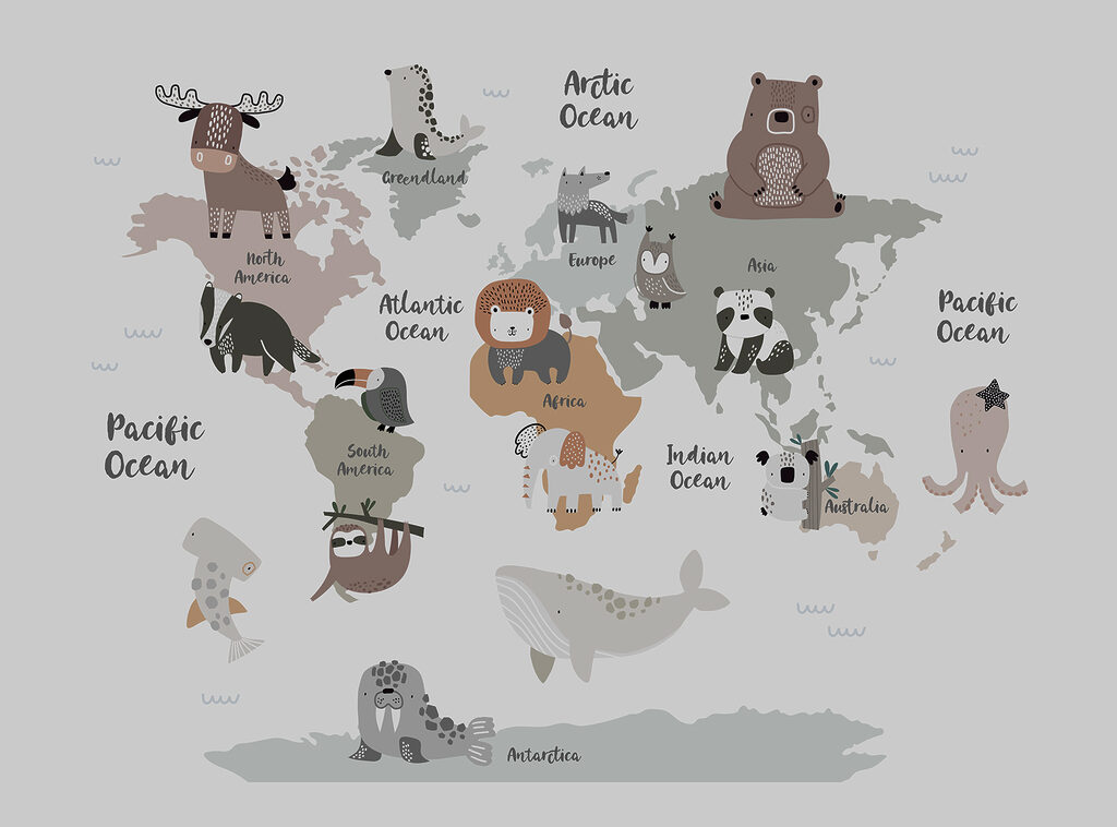 Animali su mappa grigia — design completo
