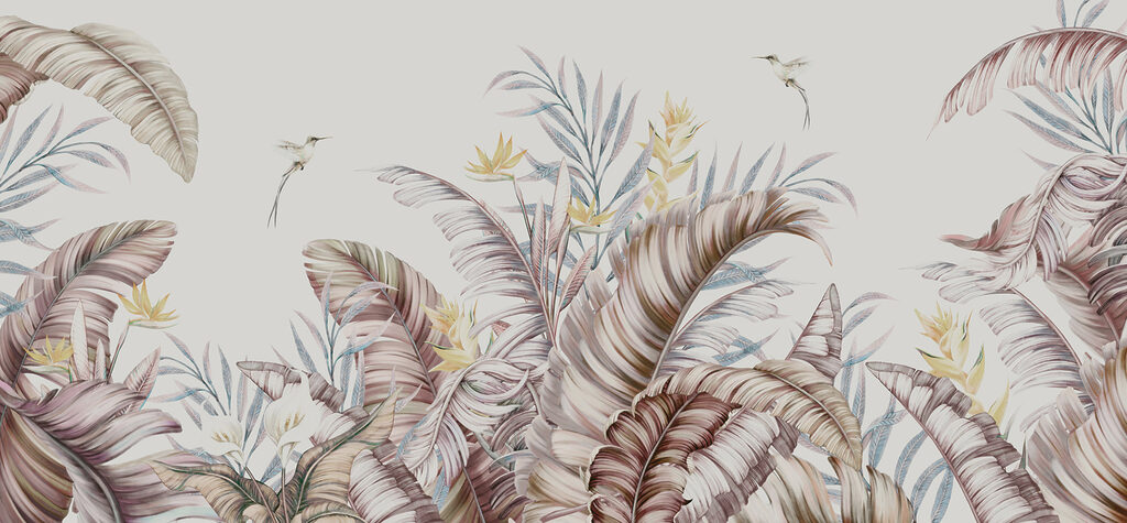 Uccellini tra foglie tropicali — design completo