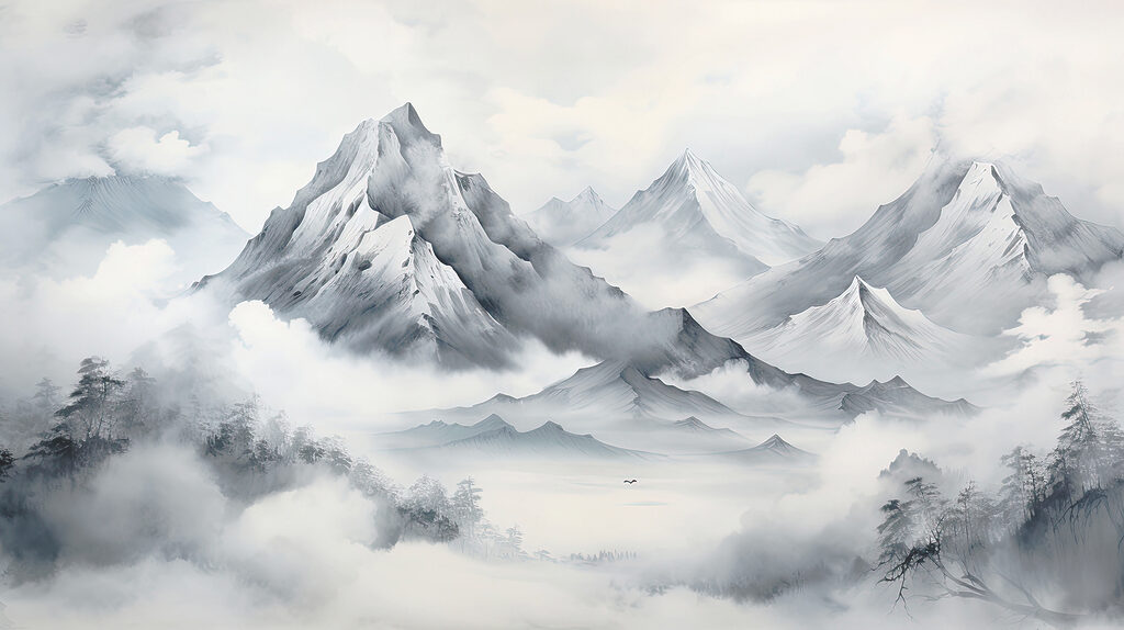 Monti dipinti nella nebbia — design completo