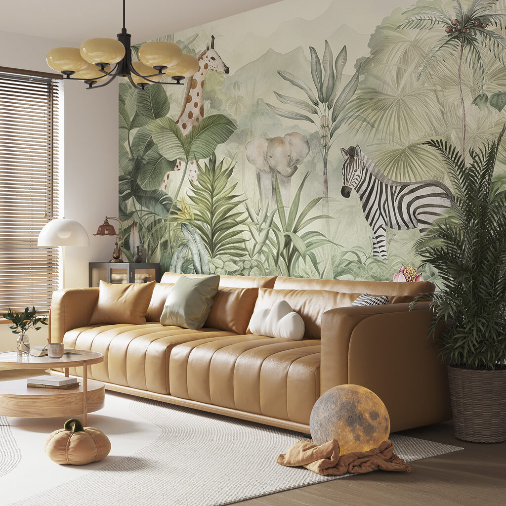 Zebra tra foglie tropicali in un ambiente