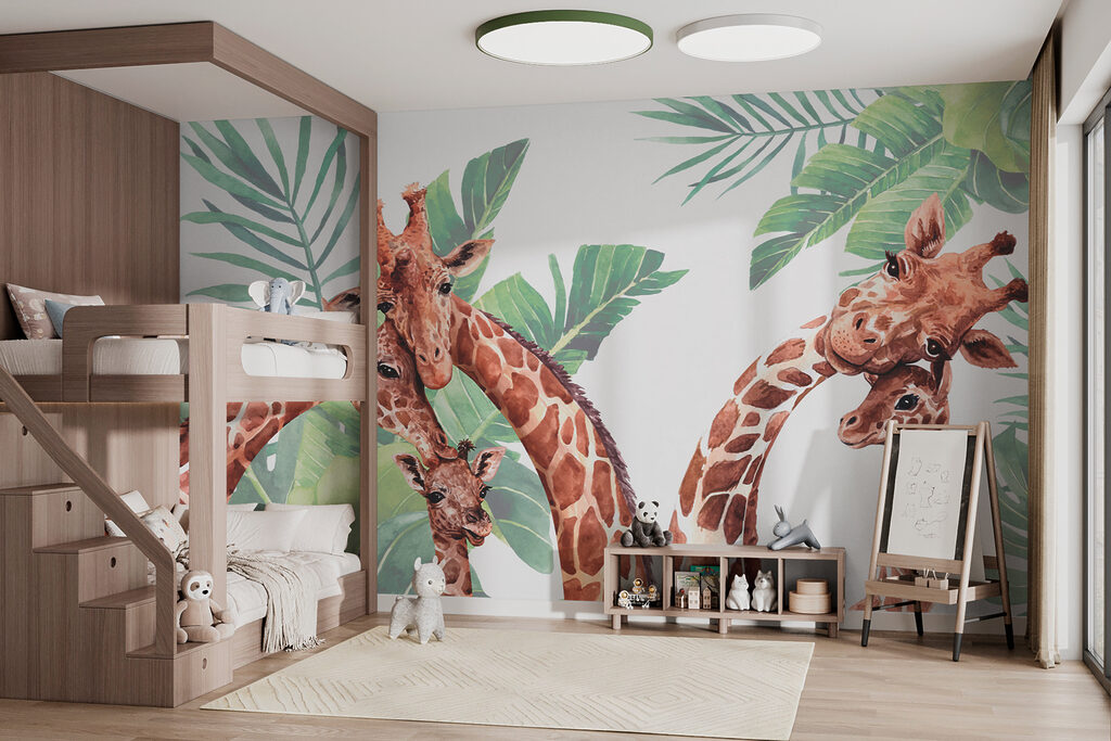 Giraffe tra le foglie in un ambiente