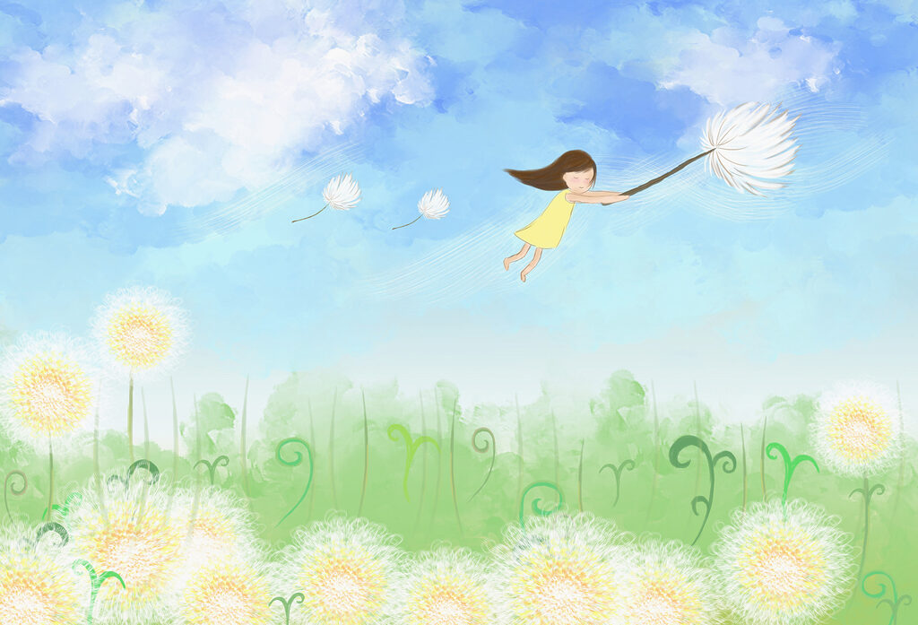 Ragazza sospesa sui fiori — design completo