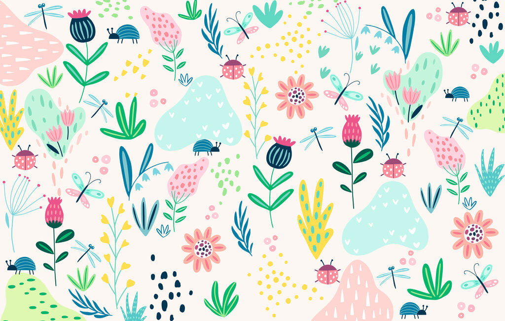 Insetti tra fiori colorati — design completo