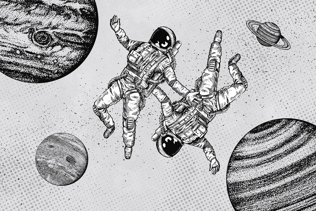 Due astronauti su bianco — design completo
