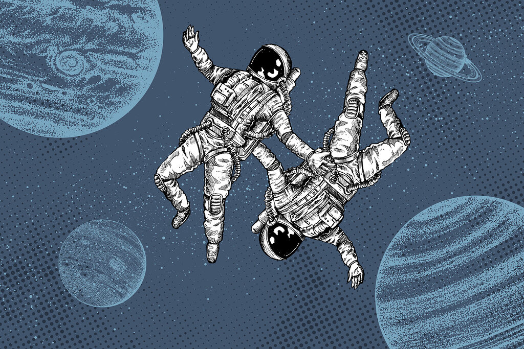 Due astronauti su bianco — design completo