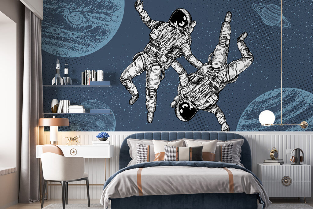 Due astronauti su bianco in un ambiente