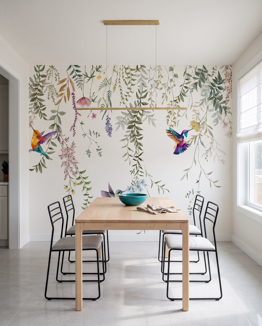 Colibrì tra fiori appesi in un ambiente