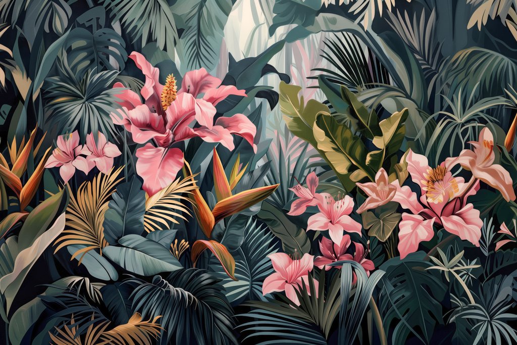 Foglie tropicali e rosa — design completo