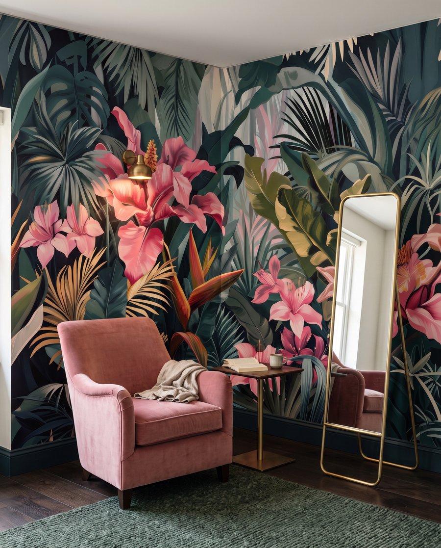 Foglie tropicali e rosa in un ambiente