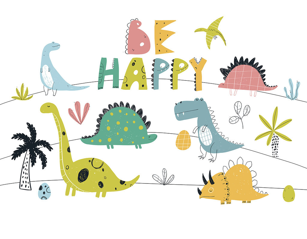 Dinosauri allegri con lettere — design completo