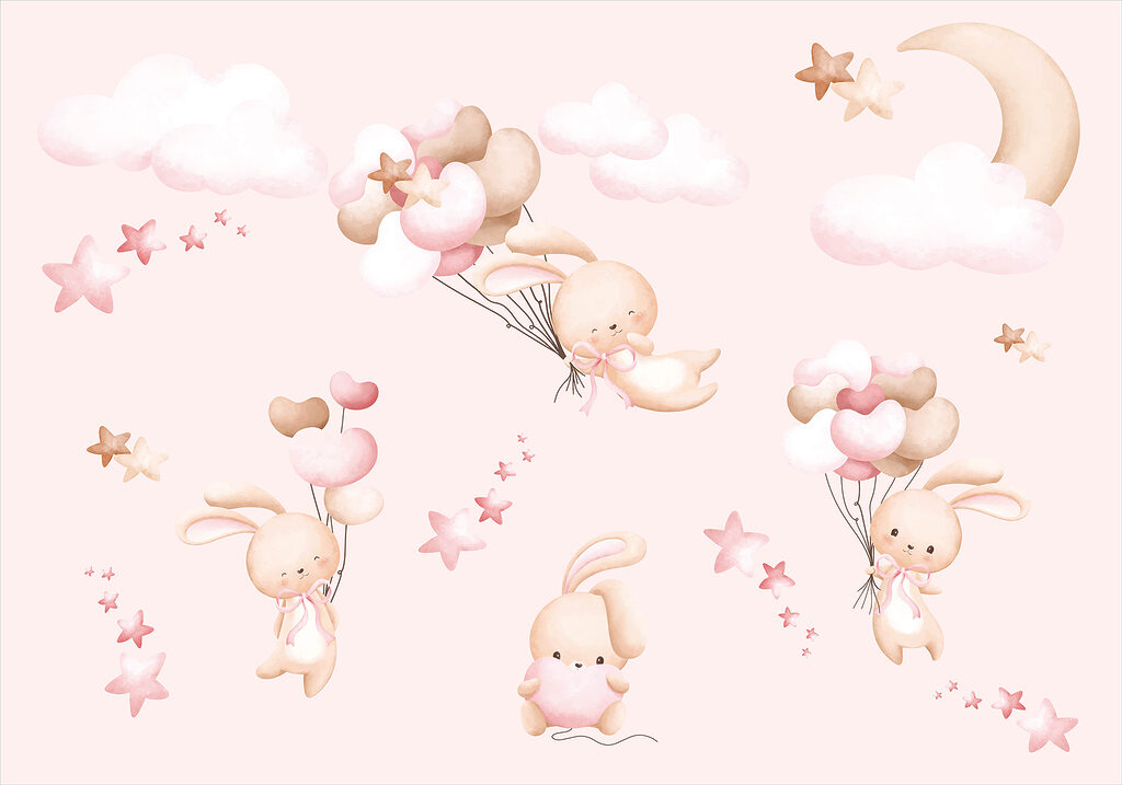 Coniglietti con palloncini rosa — design completo