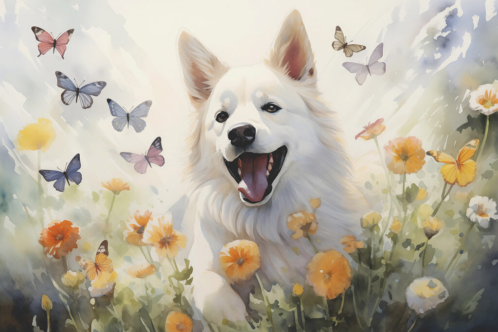 Cane bianco tra farfalle — design completo