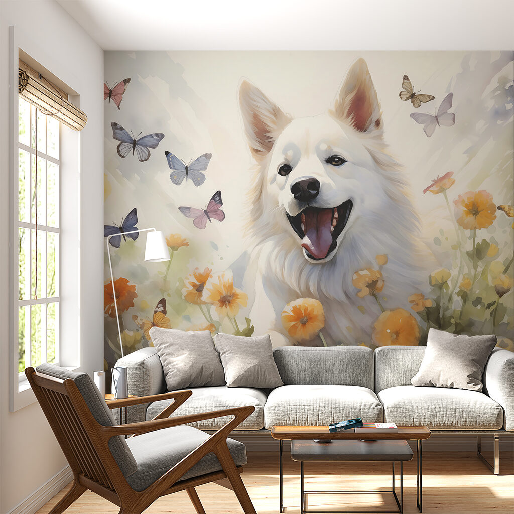 Cane bianco tra farfalle — ambiente 1