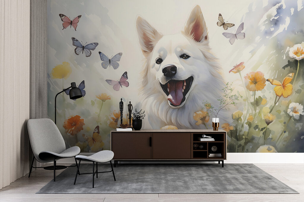Cane bianco tra farfalle — ambiente 2