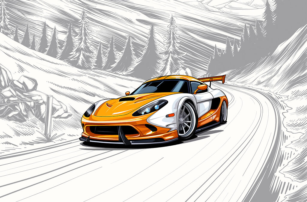 Sportiva arancione in curva — design completo