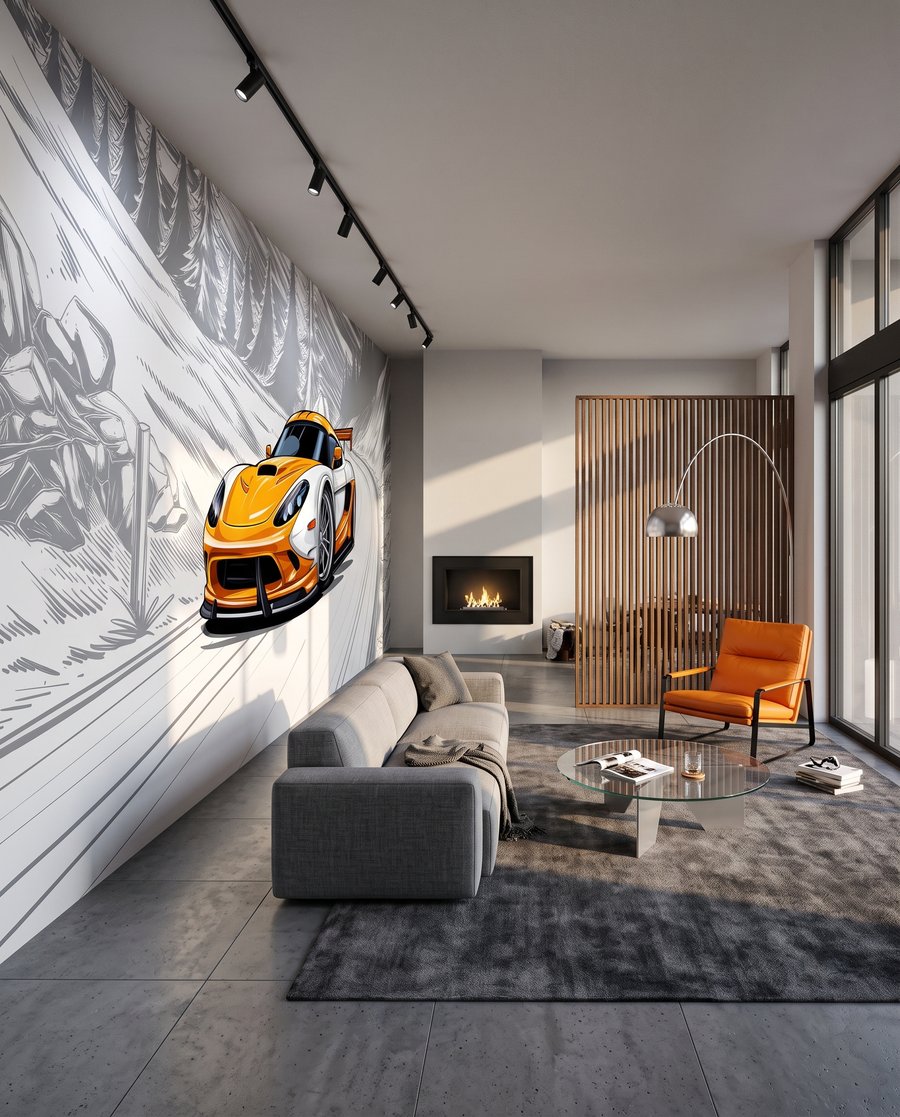 Sportiva arancione in curva in un ambiente