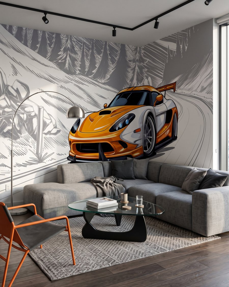 Sportiva arancione in curva — ambiente 3
