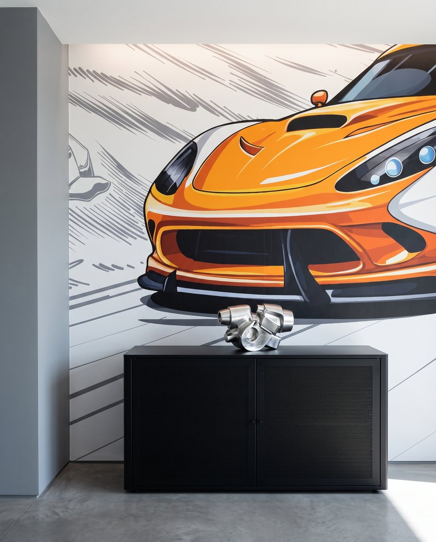 Sportiva arancione in curva — dettaglio