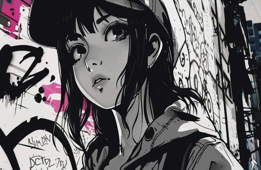 Ragazza tra segni neri — design completo