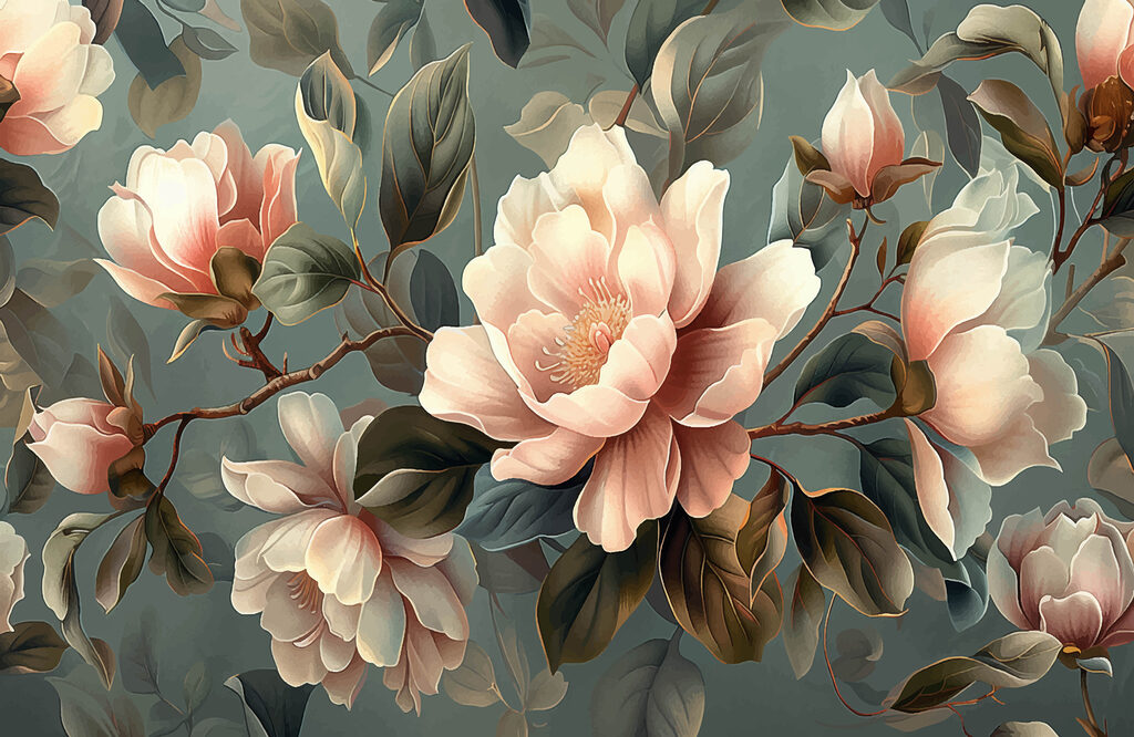 Magnolia su verde petrolio — design completo