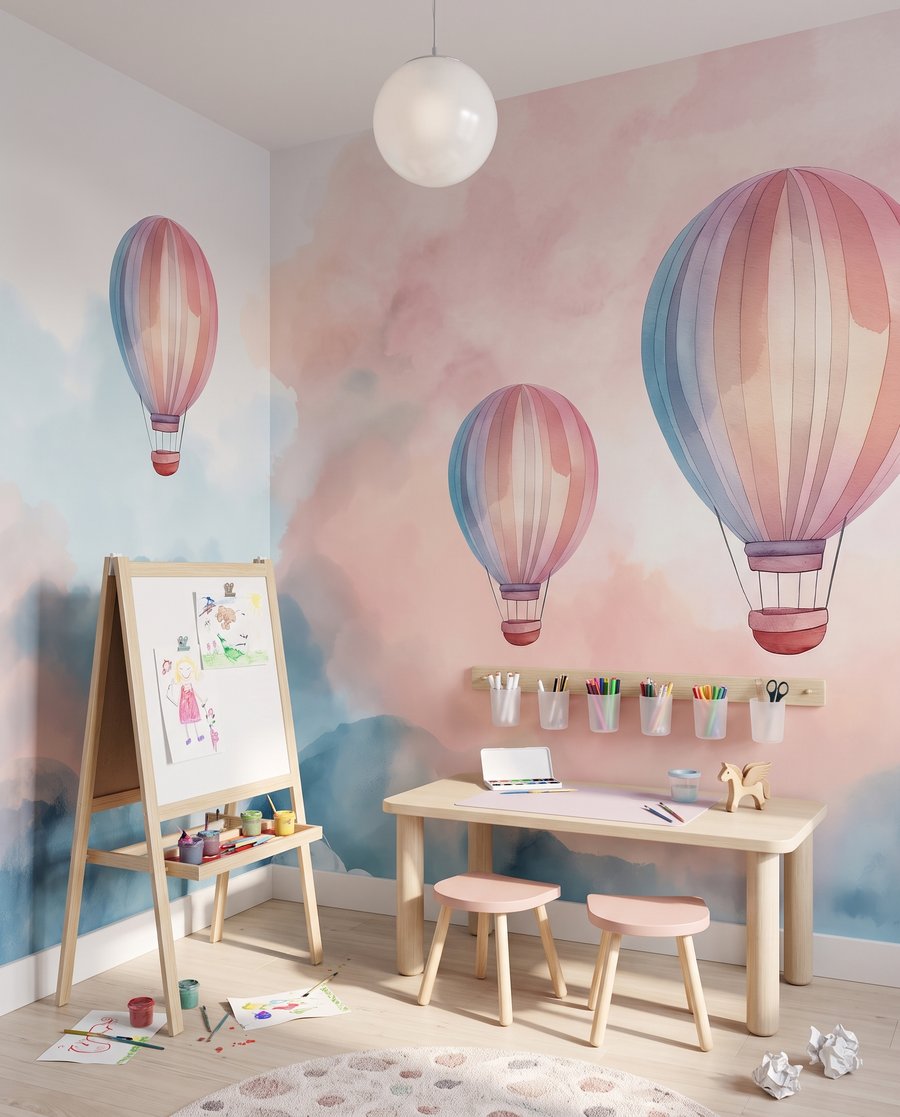 Palloncini sopra le nuvole in un ambiente