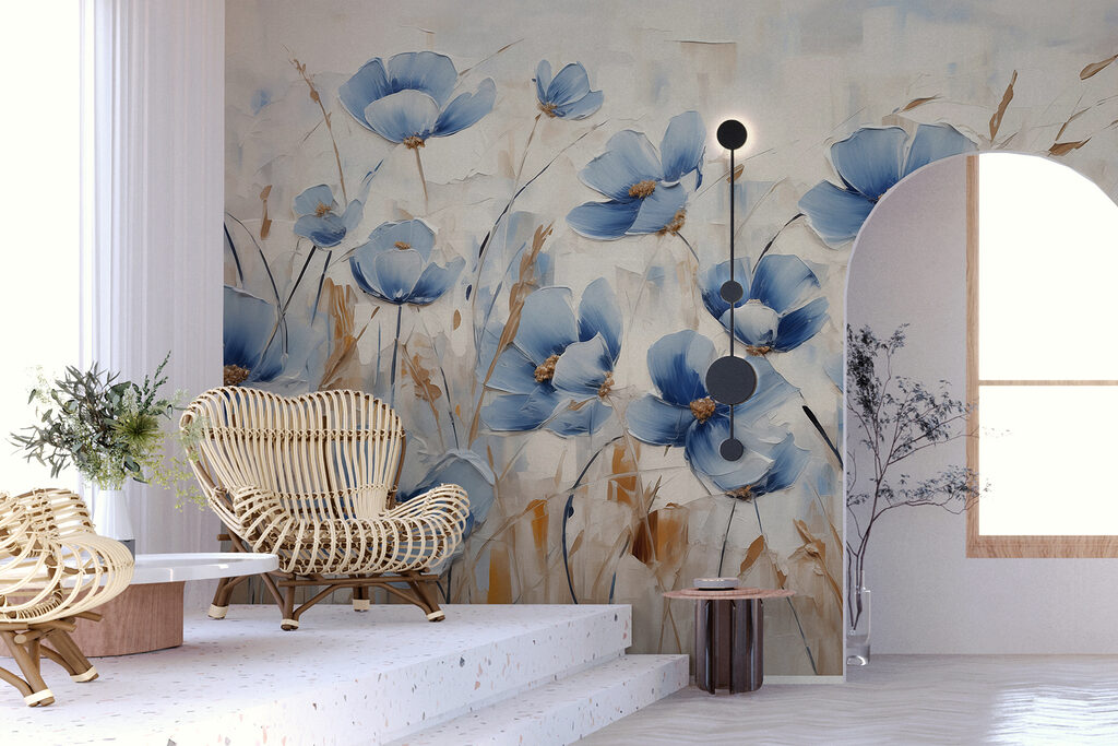 Fiori blu tra cereali in un ambiente