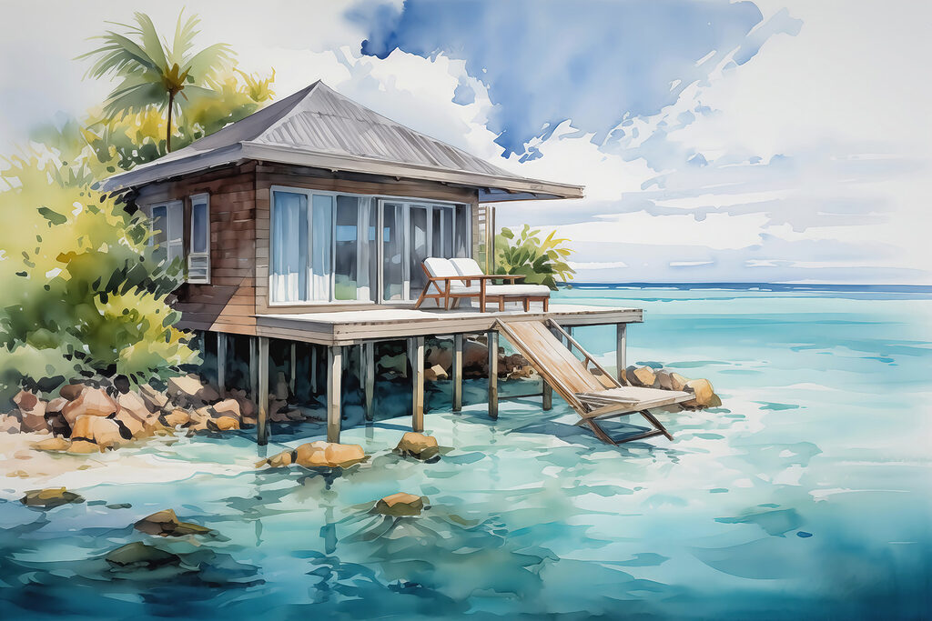 Casetta sopra acqua turchese — design completo