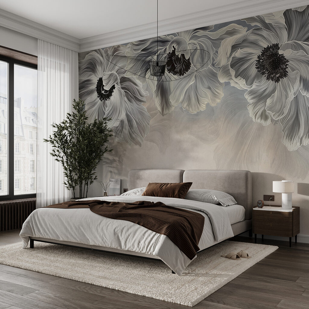 Fiori grigi appesi dall’alto — ambiente 1