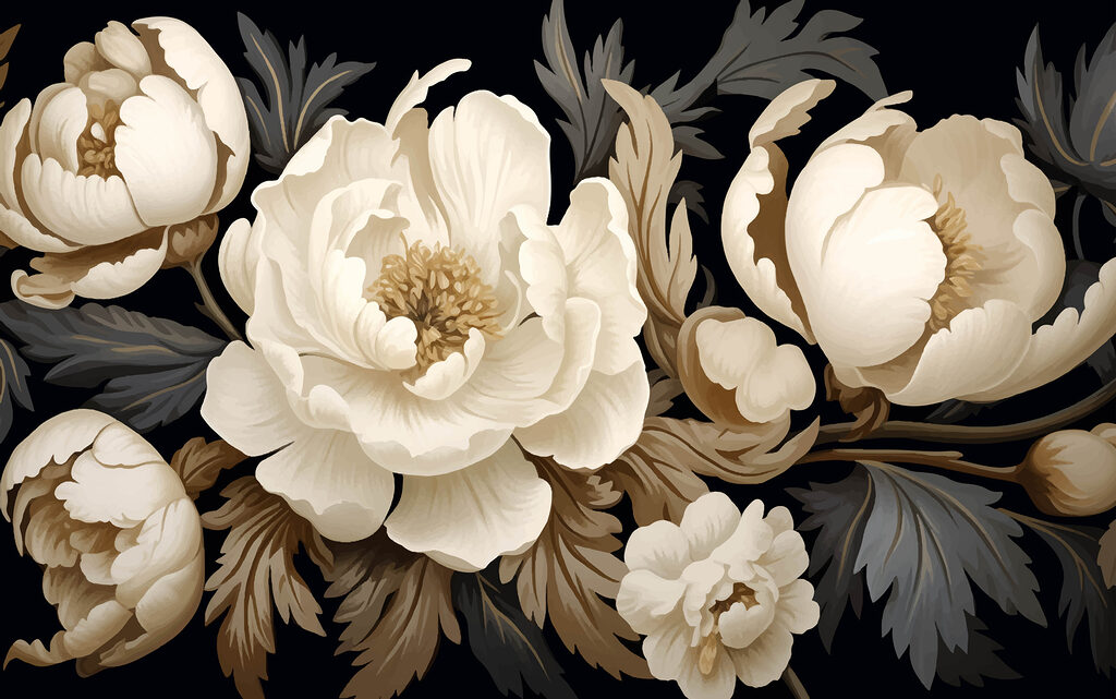 Peonie crema su nero — design completo