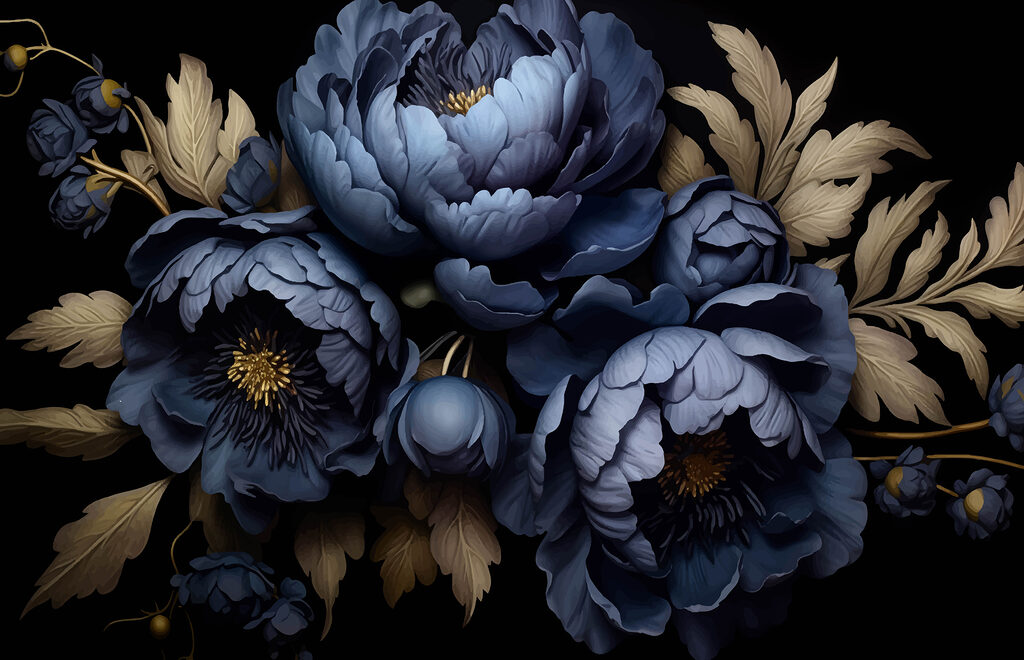 Peonie blu e dorate — design completo