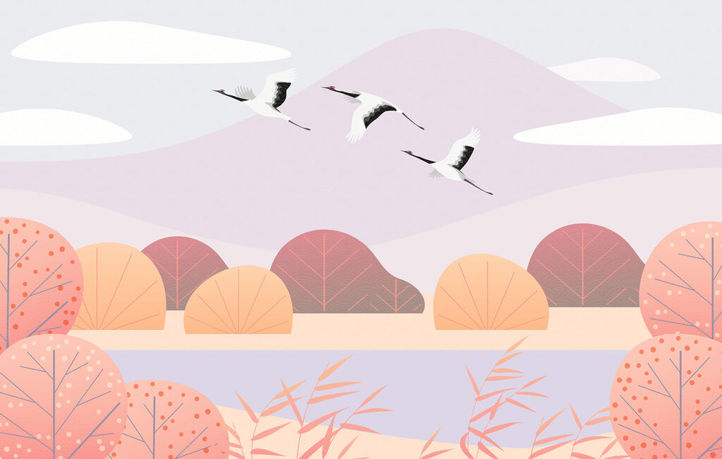 Gru sopra alberi pastello — design completo