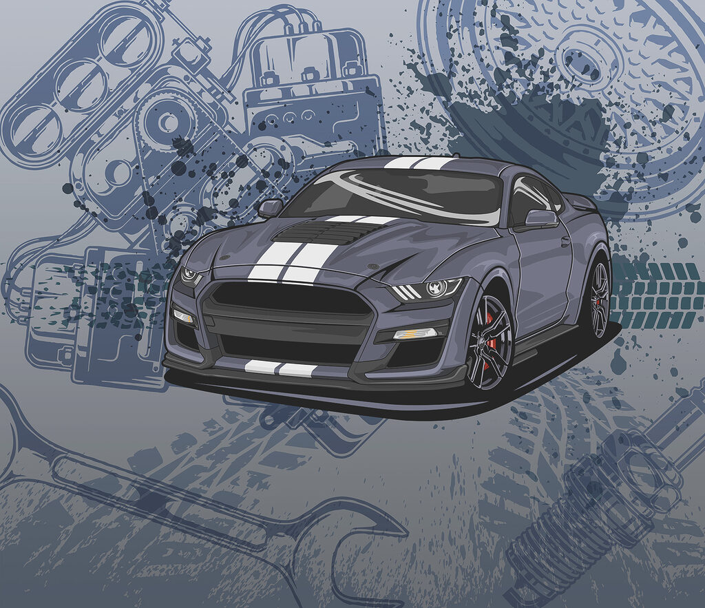 Auto sportiva tra disegni — design completo