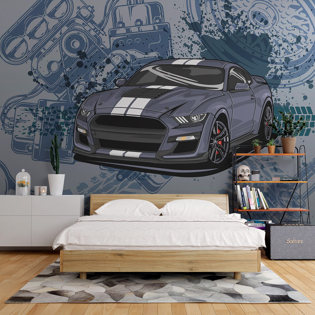 Auto sportiva tra disegni in un ambiente