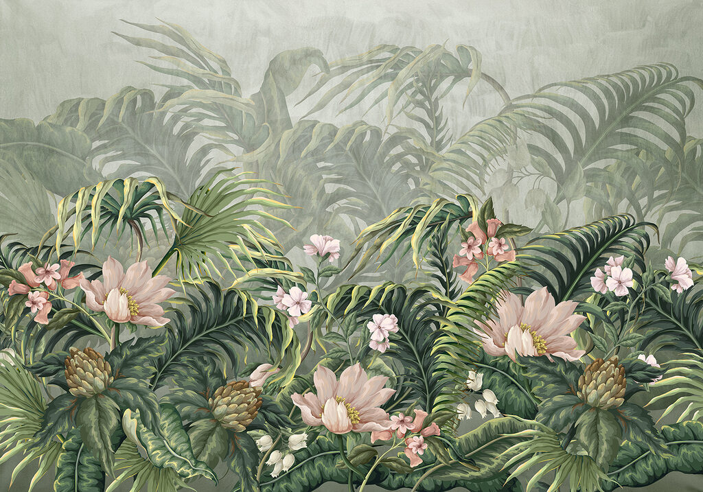Giungla fiorita in grigio-verde — design completo