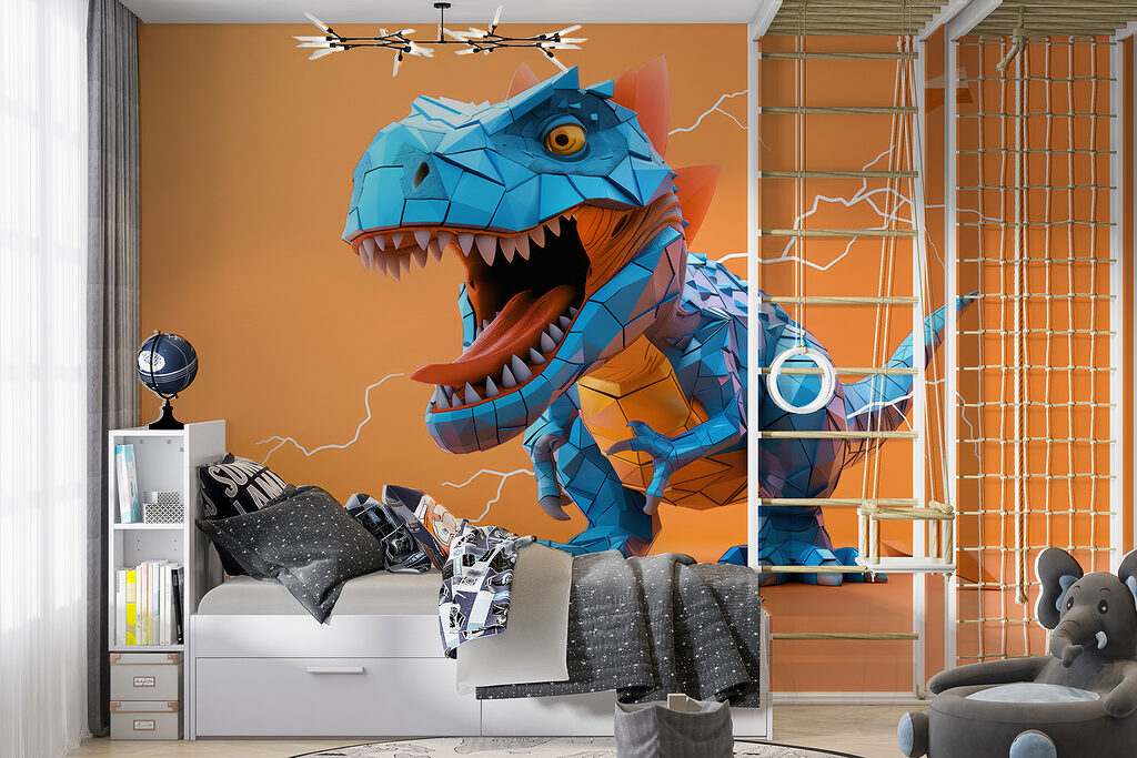 Dinosauro blu in un ambiente