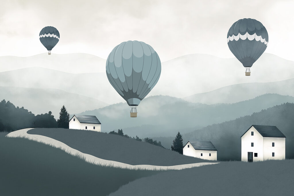 Mongolfiere su colline grigie — design completo